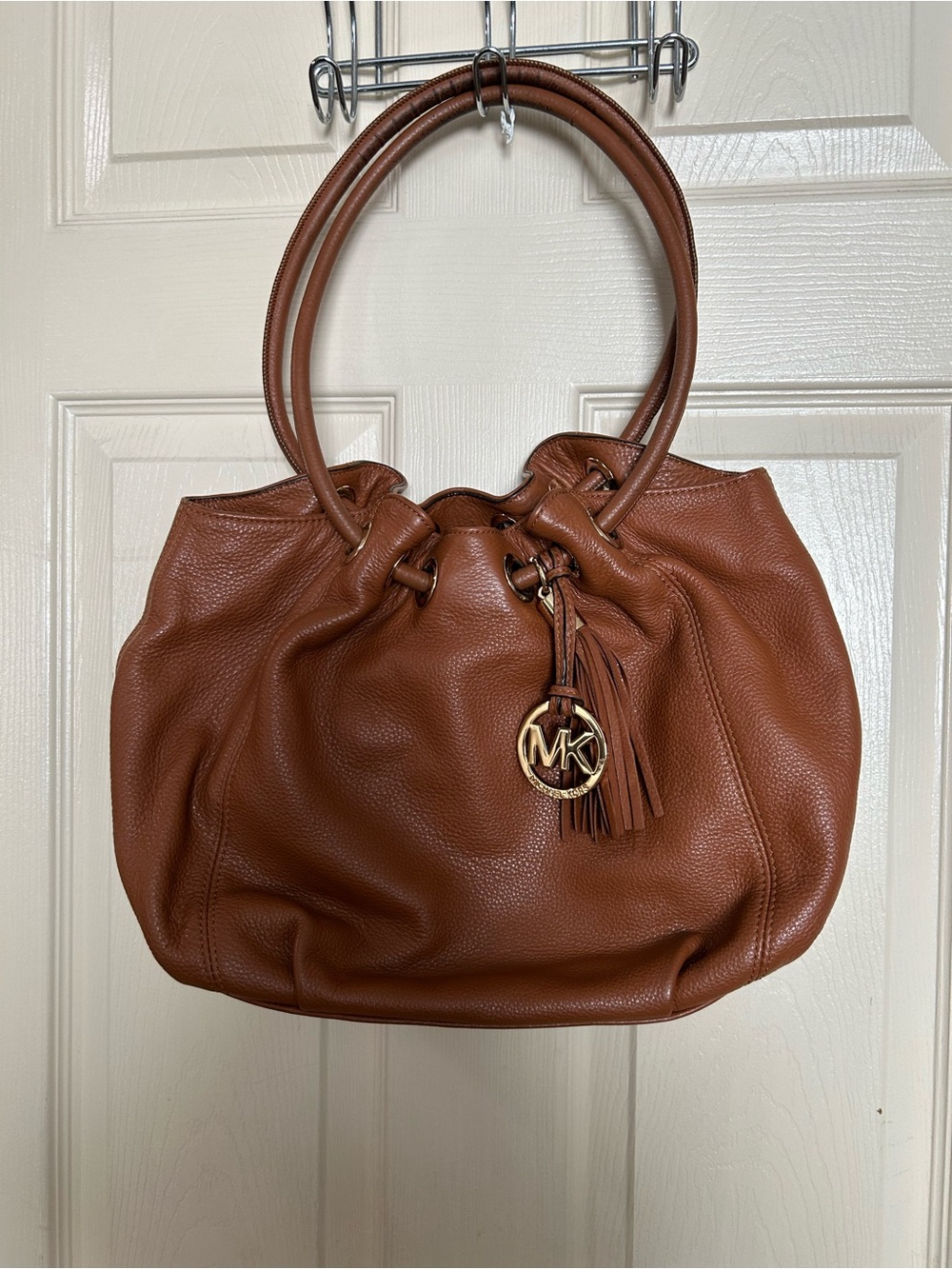 Michael Kors Cognac Pebbled Leather Shoulder Bag with Tassel Charm